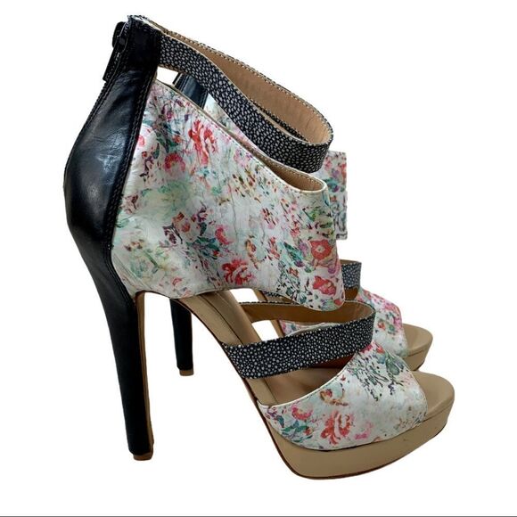 Nicole Miller Floral Cuff Ankle Platform Heels Sandals 9 - Picture 1 of 11